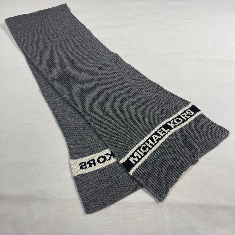 Michael Kors Scarf Gray Black Logo Knit Ribbed Designer Winter 68”